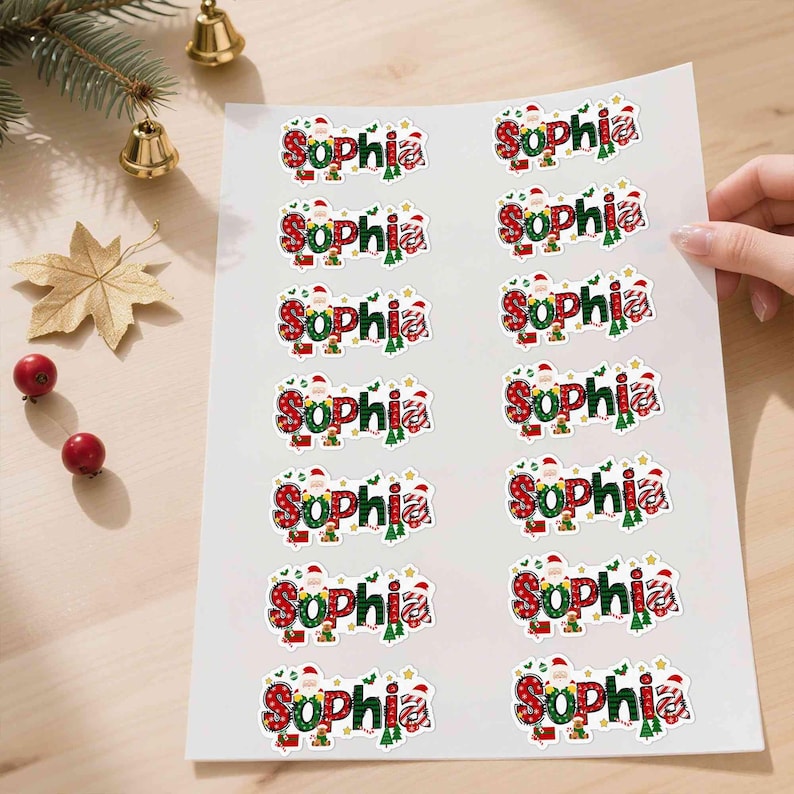 May include: Sheet of stickers with the name "Sophia" in a festive Christmas design. The stickers feature red and green plaid patterns, Santa Claus illustrations, and gold stars. The stickers are on a white sheet.