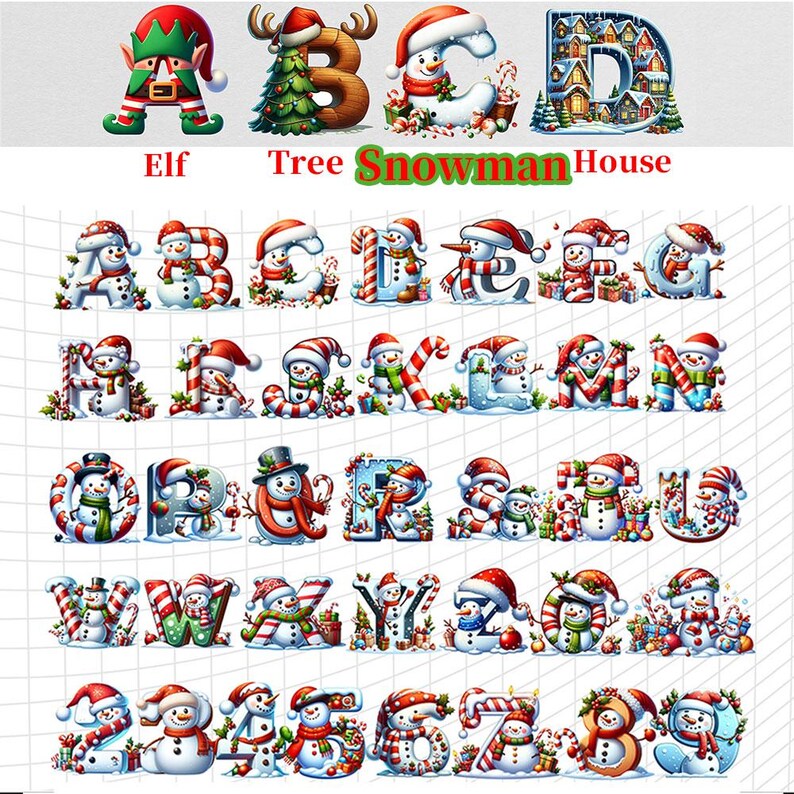 May include: A collection of Christmas-themed alphabet letters and numbers. Each letter and number is decorated with festive elements like snowmen, elves, Christmas trees, and candy canes. The letters are in various colors, including red, green, and white.
