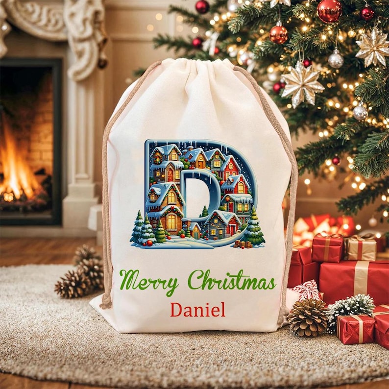 May include: A cream-colored drawstring gift bag with a Christmas theme. The bag features a large letter "D" filled with a winter village scene. The words "Merry Christmas" and the name "Daniel" are printed in green and red.