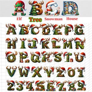 May include: A festive alphabet and numbers set, each letter and number is decorated with Christmas elements. The letters are adorned with antlers, Santa hats, and evergreen foliage. The numbers are decorated with Christmas elements. The word "Elf", "Tree", "Snowman", and "House" are also displayed.