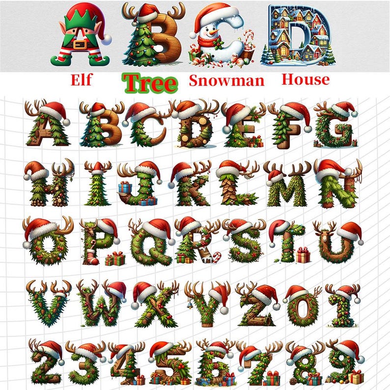 May include: A festive alphabet and numbers set, each letter and number is decorated with Christmas elements. The letters are adorned with antlers, Santa hats, and evergreen foliage. The numbers are decorated with Christmas elements. The word "Elf", "Tree", "Snowman", and "House" are also displayed.