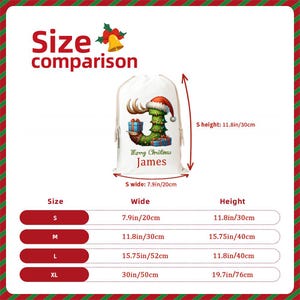 May include: White Christmas gift bag with a festive design. The bag features a green Christmas tree, a red Santa hat, and the text "Merry Christmas James." The bag is 7.9 inches wide and 11.8 inches tall.