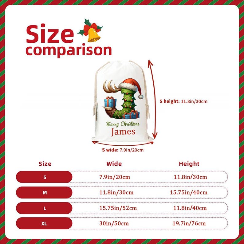 May include: White Christmas gift bag with a festive design. The bag features a green Christmas tree, a red Santa hat, and the text "Merry Christmas James." The bag is 7.9 inches wide and 11.8 inches tall.