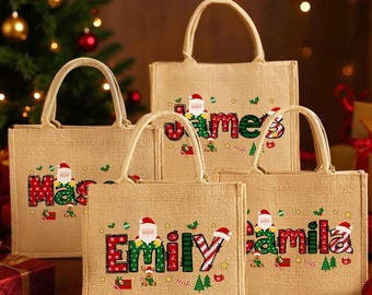 Personalized Christmas Tote Bag with Name Reusable Custom Santa Christmas Tree Jute Bags with Handles Xmas bag Gift for Women Mom Grandma