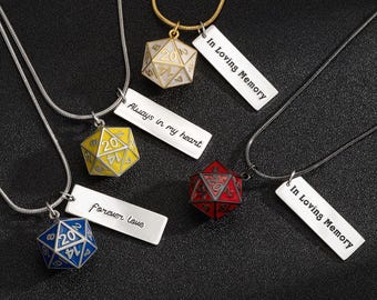 Spersonalizowany naszyjnik kremacyjny z kostką D20 na prochy, pamiątkowy naszyjnik z prochami, biżuteria na pamiątkę, naszyjnik z mosiężną kostką do gry, wisiorek kremacyjny