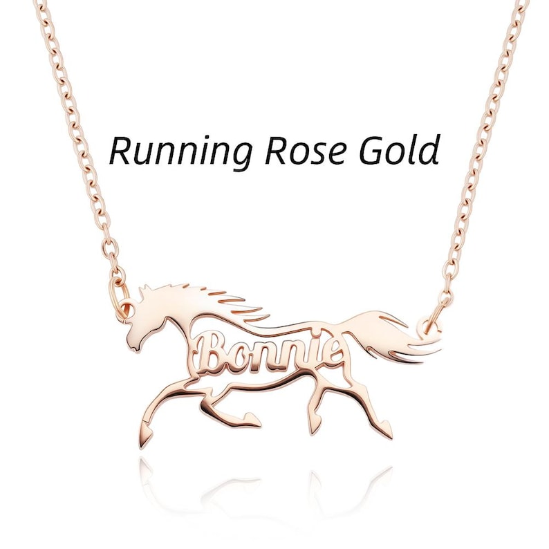 May include: A rose gold-colored necklace featuring a cutout pendant shaped like a running horse with the name Bonnie integrated into the center of the horse's body. The text Running Rose Gold is visible above the pendant on the thin metal chain.