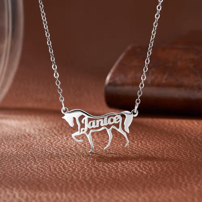 Personalized Name Horse Necklace Sterling Silver 925 Horse Shaped Memorial Necklace with Name Birthday Gift for Horse Lovers/Equestrians image 2