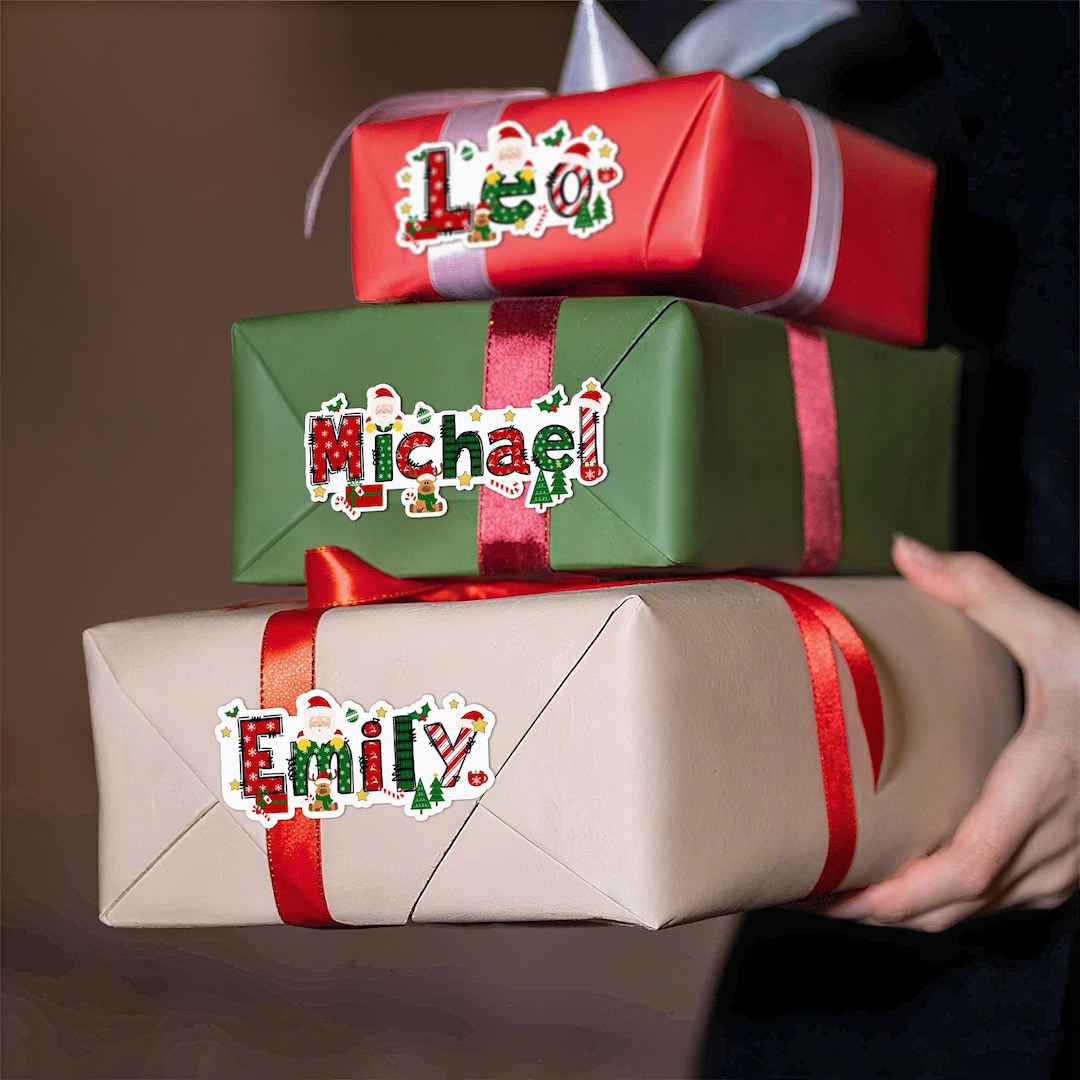 Personalized Name Christmas Stickers Custom Christmas Theme Cartoon Name Tags Name Labels 