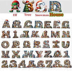May include: A collection of Christmas-themed alphabet letters and numbers, each designed with a house motif. The letters and numbers are decorated with snow and festive details. The image also includes illustrations of an elf, a Christmas tree, and a snowman.