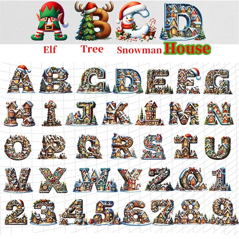May include: A collection of Christmas-themed alphabet letters and numbers, each designed with a house motif. The letters and numbers are decorated with snow and festive details. The image also includes illustrations of an elf, a Christmas tree, and a snowman.