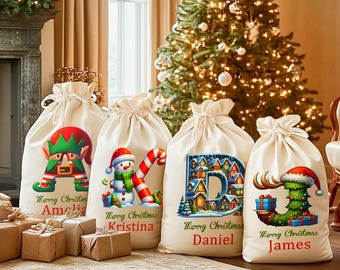 Aangepaste naam eerste kerstcadeau tas elf/boom/sneeuwpop/winterhuisontwerp kerstmanzak, kerstfeest gunsten kerstcadeau voor kinderen/familie