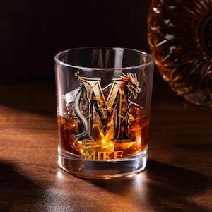 Personalized Dragon Whiskey Glass | Custom Initial Name Old Fashioned 10oz Wine Glass | Birthday Father‘s Day Gift for Men, Bartender