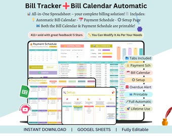 Seguimiento de facturas - Calendario de facturas - Calendario de facturas - Calendario inteligente de facturas - Hoja de cálculo de facturas - Seguimiento de facturas mensuales - Seguimiento de pagos de facturas - Facturas