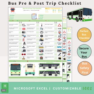 Puede incluir: Un modelo digital de "Bus Pre & Post Trip Checklist" en verde y blanco. Incluye secciones de inspección previas y posteriores al viaje con iconos y texto. La imagen presenta ilustraciones de autobuses y etiquetas de texto circulares: "Perfect Bus Checklist", "Secure Your Bus" y "Bus Safety First".