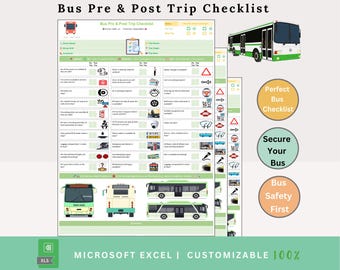 May include: A digital checklist titled "Bus Pre & Post Trip Checklist" with a green and white design. The checklist includes sections for pre-trip and post-trip inspections, with icons and text. The image also features illustrations of buses and circular text labels: "Perfect Bus Checklist", "Secure Your Bus", and "Bus Safety First".