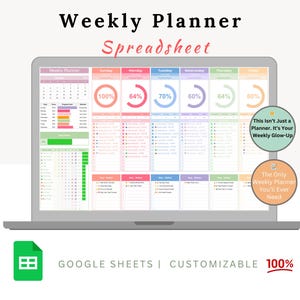 May include: A laptop screen displays a colorful weekly planner spreadsheet. The text "Weekly Planner Spreadsheet" is at the top. The planner includes sections for each day, with percentage indicators. Additional text includes "This Isn't Just a Planner. It's Your Weekly Glow-Up."