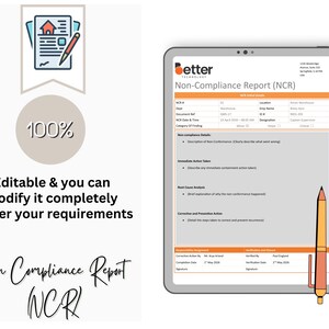 Peut inclure: Une tablette num&eacute;rique affichant un formulaire "Non-Compliance Report (NCR)" avec des accents orange et blancs. L'image comprend le texte "Editable & you can modify it completely as per your requirements" et "Non Compliance Report NCR". Un stylo est &agrave; droite.