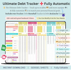 Könnte beinhalten: Ein Laptop-Bildschirm zeigt eine farbenfrohe Tabelle mit dem Titel "Ultimate Debt Tracker". Das Bild enthält Text wie "Fully Automatic", "Track up to 16 debts" und "Fully Editable". Die Tabelle ist für die persönliche Finanzverfolgung konzipiert.
