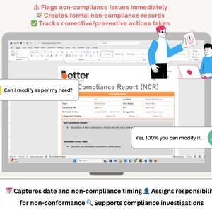 Peut inclure: Illustration num&eacute;rique d'un ordinateur portable affichant un rapport de conformit&eacute;. L'&eacute;cran affiche du texte et des graphiques, avec deux personnes et des bulles. Le texte comprend "Signale imm&eacute;diatement les probl&egrave;mes de non-conformit&eacute;".