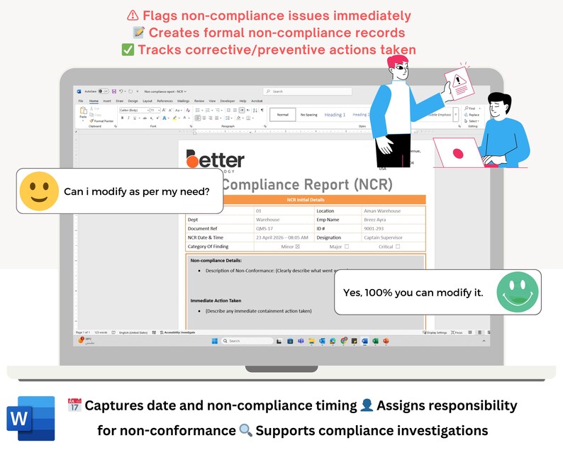 Peut inclure: Illustration num&eacute;rique d'un ordinateur portable affichant un rapport de conformit&eacute;. L'&eacute;cran affiche du texte et des graphiques, avec deux personnes et des bulles. Le texte comprend "Signale imm&eacute;diatement les probl&egrave;mes de non-conformit&eacute;".