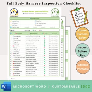 May include: A printable full body harness inspection checklist with a green and white design. The checklist includes sections for inspection details, components, and status ratings. Additional elements include a clipboard with checkmarks and the text "Ensure Harness Safety."