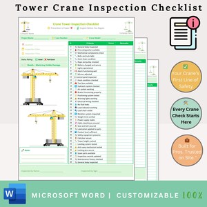 Op de afbeelding: Een groene en witte checklist voor het inspecteren van torenkranen. De checklist bevat een sectie voor algemene informatie, een sectie voor statusbeoordeling, een sectie voor een schets van de kraan en een sectie voor notities. De checklist bevat ook een sectie voor de naam en handtekening van de inspecteur. De checklist heeft de titel "Torenkraan inspectie checklist".
