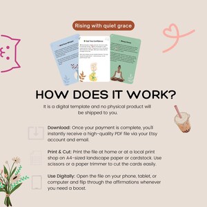 May include: An image promoting a digital affirmation card template. The image shows three cards with text and illustrations, alongside instructions on how to download, print, and use the cards. The text "Rising with quiet grace" is at the top.