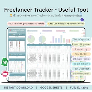 May include: A digital freelancer tracker displayed on a laptop screen. The tracker includes charts, graphs, and data tables for planning, tracking, and managing projects. Text on the screen includes "Client Organizer" and "Project Organizer."