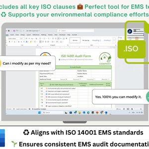 May include: A laptop screen displays an ISO 14001 audit form. Text includes "Includes all key ISO clauses" and "Supports your environmental compliance efforts." Speech bubbles ask "Can I modify as per my need?" and respond "Yes, 100% you can modify it."