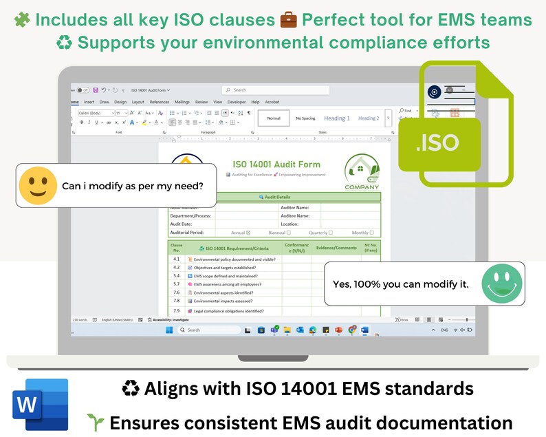 May include: A laptop screen displays an ISO 14001 audit form. Text includes "Includes all key ISO clauses" and "Supports your environmental compliance efforts." Speech bubbles ask "Can I modify as per my need?" and respond "Yes, 100% you can modify it."