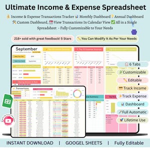 Può includere: Un foglio di calcolo digitale intitolato "Ultimate Income & Expense Spreadsheet" con uno sfondo azzurro. Il foglio di calcolo include funzionalità come il monitoraggio delle entrate, dashboard mensili e annuali e visualizzazioni del calendario. Il testo include "Download istantaneo" e "Google Sheets."