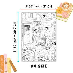 Puede incluir: Ilustraci&oacute;n en blanco y negro, tama&ntilde;o A4, de una acogedora escena interior de caba&ntilde;a. La imagen mide 21 cm por 29,7 cm. Se representa a una familia en el interior, con una persona cocinando, otra cerca y un ni&ntilde;o en la cama.