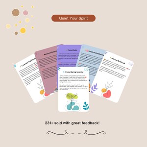 May include: Five cards with pastel backgrounds, each with a different theme and text. The cards are titled "Lavender Field Lulla," "Autumn's Embrace," "Forest Calm," "Heart of the Mountains," and "Harvest Gratitude." The phrase "Quiet Your Spirit" is at the top.