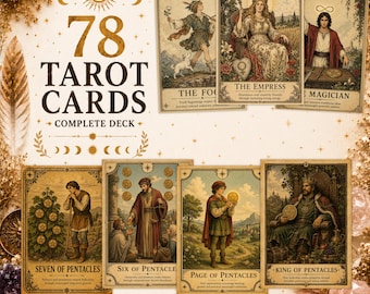 May include: A complete deck of 78 tarot cards featuring vintage-style illustrations. The cards display figures like The Fool, The Empress, The Magician, and various Pentacles cards. The text 78 TAROT CARDS COMPLETE DECK is printed in large font.