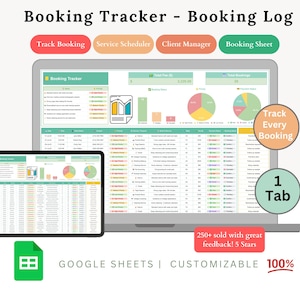 Może przedstawiać: Cyfrowy tracker rezerwacji wyświetlany na laptopie i tablecie. Ekran pokazuje arkusz kalkulacyjny z danymi, wykresami i tekstem "Booking Tracker - Booking Log". Dodatkowy tekst zawiera "Track Every Booking", "1 Tab" i "250+ sold with great feedback! 5 Stars."