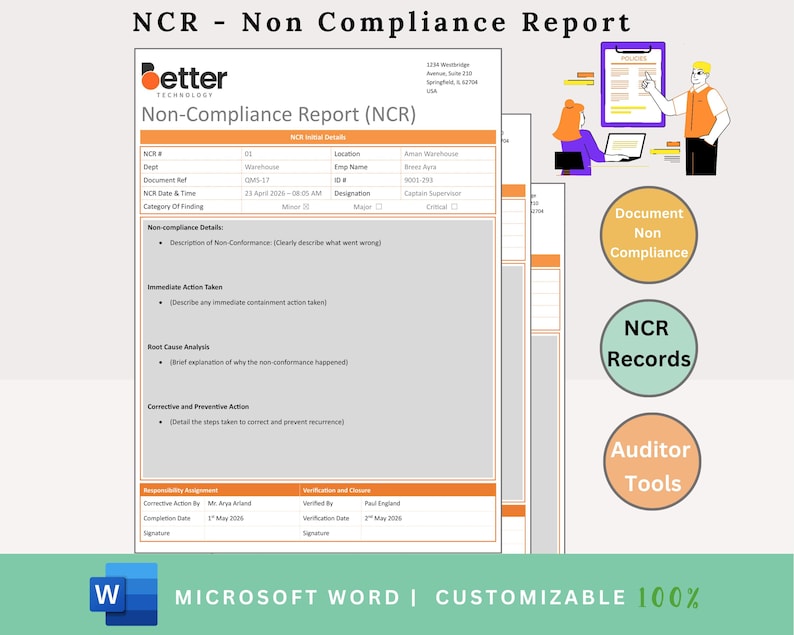 Peut inclure: Un document de rapport de non-conformit&eacute; (NCR) de Better Technology. Le document comprend des sections pour les d&eacute;tails, les actions entreprises, l'analyse des causes profondes et les actions correctives. L'image pr&eacute;sente &eacute;galement des illustrations de personnes et le texte "MICROSOFT WORD | PERSONNALISABLE 100%."