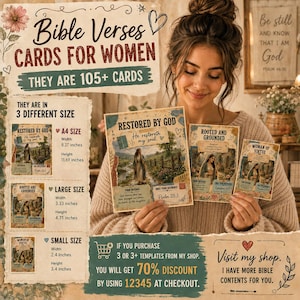 May include: A set of 105+ Bible verse cards featuring religious illustrations and text. The cards are available in three sizes: A4 at 8.27 by 11.69 inches, large at 3.33 by 4.71 inches, and small at 2.4 by 3.4 inches, with various designs shown.