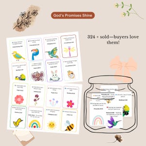 May include: A collection of illustrated cards with inspirational quotes and Bible verses, featuring colorful images of animals, flowers, and rainbows. The text "God's Promises Shine" is displayed at the top. A jar illustration contains additional cards. The text "324 + sold - buyers love them!" is also present.