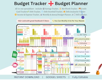 May include: A digital budget planner spreadsheet with multiple tabs and features, including savings, debt, and income trackers. The image displays various charts and graphs, with the text "Budget Tracker + Budget Planner" and "Instant Download".