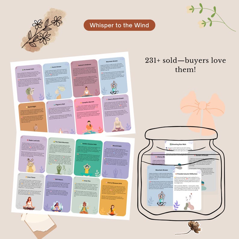 May include: A selection of colourful cards featuring yoga poses and text, presented with a glass jar and a decorative bow. The cards are labelled with phrases such as "Mountain Breeze" and "Cherry Blossom Dream". The text "Whisper to the Wind" is also visible.