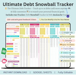 May include: A laptop screen displays a debt tracker spreadsheet titled "Ultimate Debt Snowball Tracker." The spreadsheet is colorful, with sections for tracking debts, and includes the text "Instant Download" and "Fully Editable."