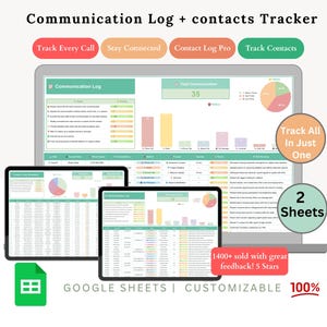 May include: A digital communication log and contact tracker displayed on a laptop and two tablets. The interface features charts, graphs, and data tables. Text includes "Track Every Call", "Stay Connected", and "Track Contacts". The product is customizable and works with Google Sheets.