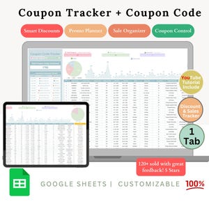 May include: A digital coupon tracker and coupon code template displayed on a laptop and tablet. The image includes text such as "Smart Discounts," "Promo Planner," and "Sale Organizer." The template is designed for Google Sheets and is customizable.