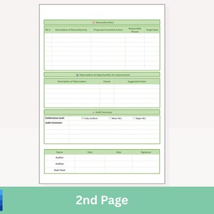 May include: A document titled "2nd Page" with a light green and white design. The document is a form with sections for nonconformities, observations, and an audit summary. The bottom of the page includes a section for signatures.