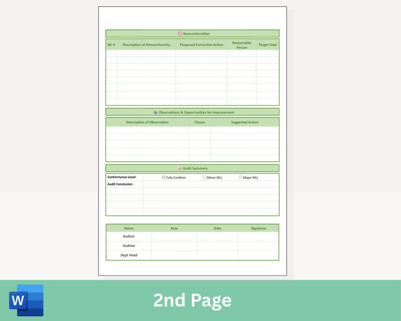May include: A document titled "2nd Page" with a light green and white design. The document is a form with sections for nonconformities, observations, and an audit summary. The bottom of the page includes a section for signatures.