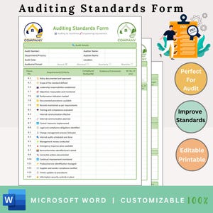 Könnte beinhalten: Ein grünes und weißes Auditing Standards Formular mit dem Text "Auditing Standards Form" oben. Das Formular enthält Abschnitte für Auditdetails und Anforderungen. Das Bild enthält auch den Text "Microsoft Word | Customizable 100%."