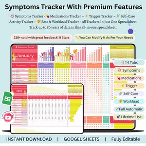 Pode incluir: Planilha digital com fundo azul-petróleo, exibindo um rastreador de sintomas com recursos premium. O rastreador inclui seções para sintomas, medicamentos, gatilhos e autocuidado. O texto diz "Download instantâneo | Google Sheets | Totalmente editável."