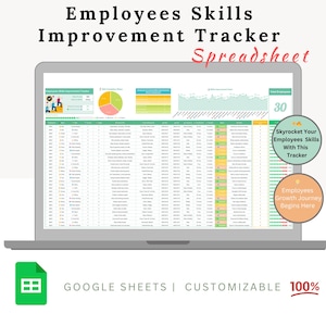 Puede incluir: Una plantilla de hoja de cálculo de Google Sheets para realizar un seguimiento de la mejora de las habilidades de los empleados. La hoja de cálculo incluye gráficos, diagramas y una tabla con columnas para el nombre del empleado, las habilidades y el progreso. El texto "Employees Skills Improvement Tracker Spreadsheet" está en la parte superior de la imagen. El texto "Skyrocket Your Employees Skills With This Tracker" está en un círculo amarillo en el lado derecho de la imagen. El texto "Employees Growth Journey Begins Here" está en un círculo melocotón en el lado derecho de la imagen.