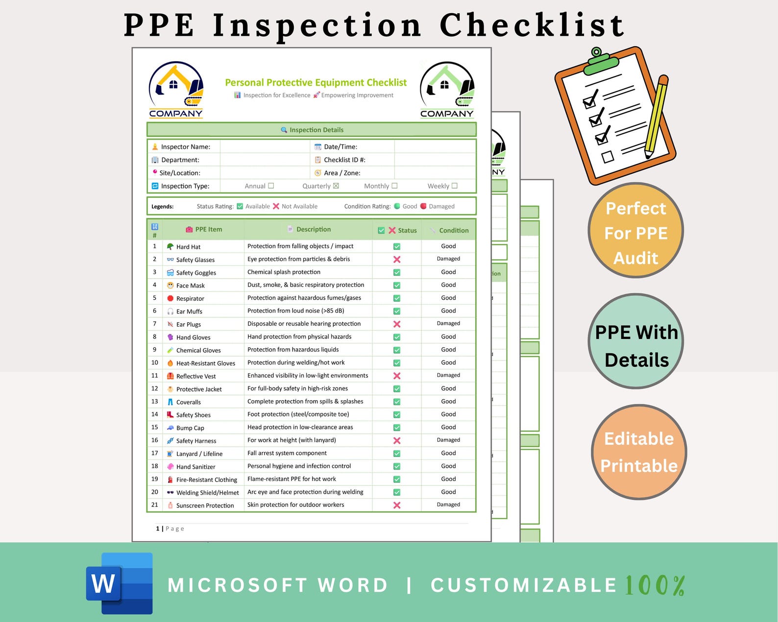 Ppe Routine Inspection Checklist PPE Inspection Checklist - PPE Inspection - Ppe Checklist - Ppe Audit ...