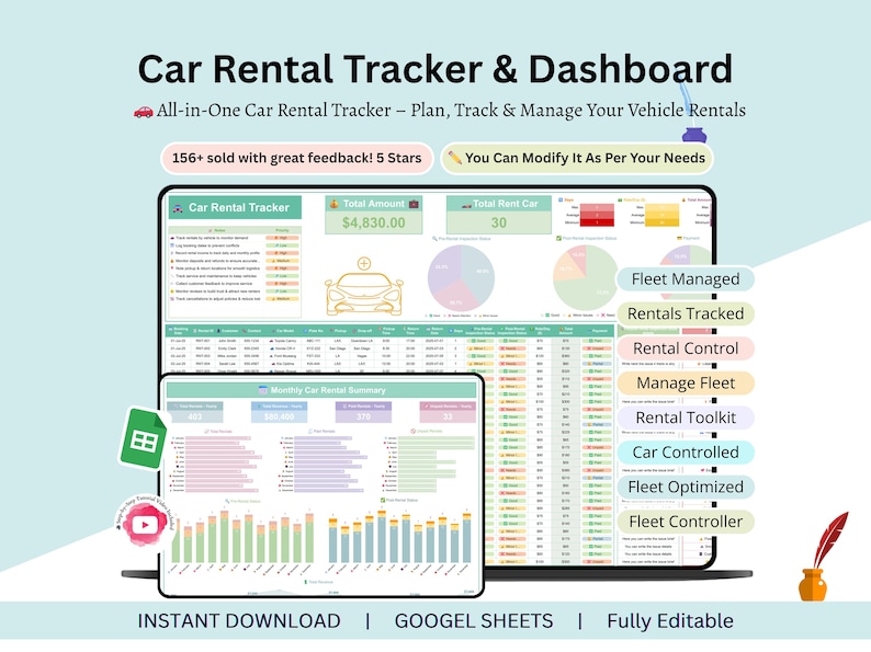 Car Rental Tracker - fleet management - car rental business - car rental google sheet - rental spreadsheet - mileage tracker - fleet manager - car rental agreement - rental tracker - car rental - rental management - short term rental - car checklist - car business - auto detailing - car detailing - detailing checklist - car rental checklist - car rental booking - car detailing flyer - fleet tracker - car rental booking - auto detailing - car rental google sheet - car lease agreement